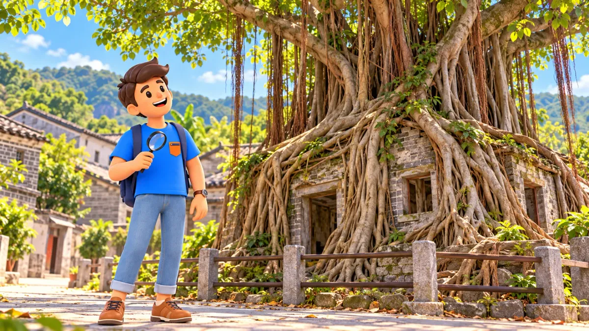 Voyageur avec une loupe observant un banyan autour d’une maison de briques