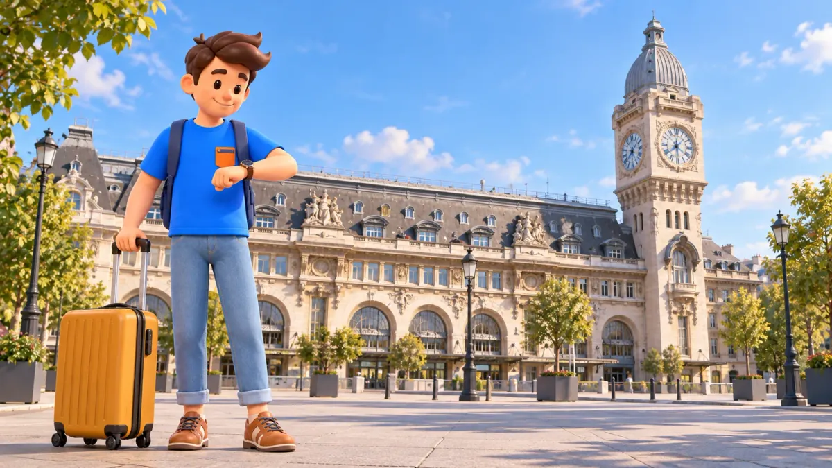 El viajero de RoadMe con maleta mira su reloj ante la Gare de Lyon