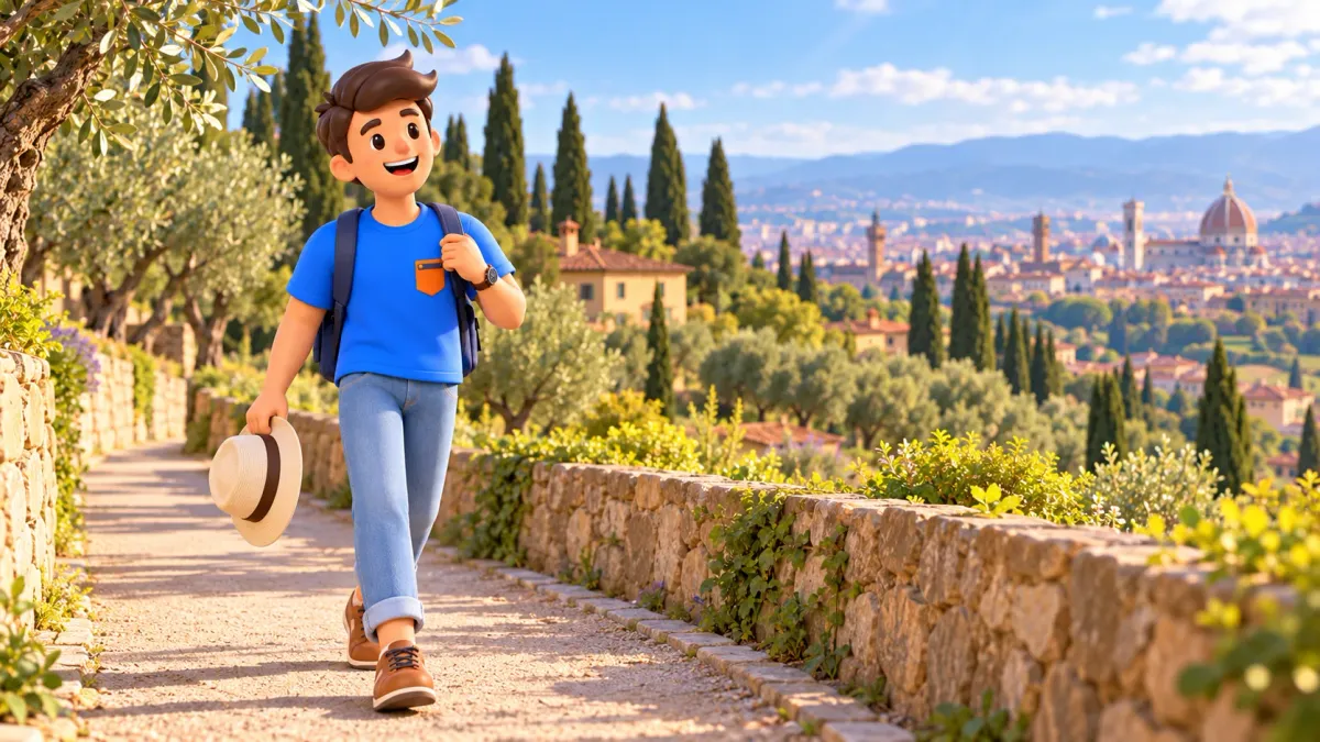 Thematic illustration of a traveler on a Tuscan hillside path