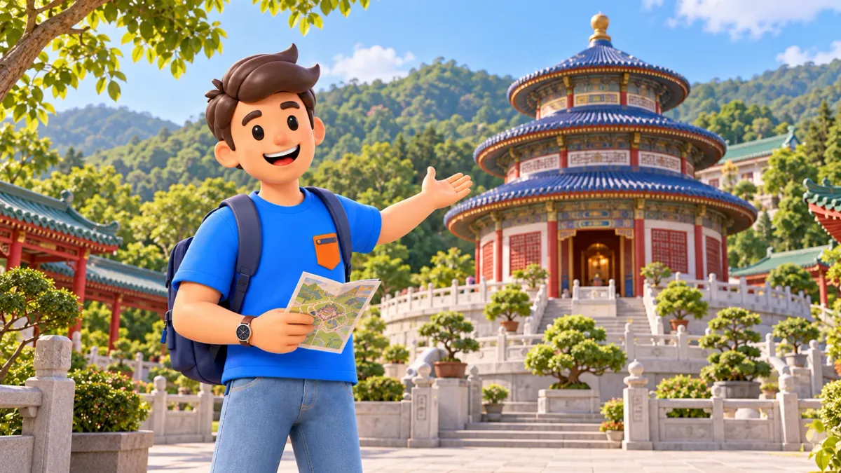 Traveller with leaflet before a round temple hall with three blue roofs