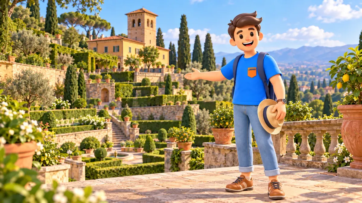 Ilustración temática de un viajero mostrando un jardín de terrazas