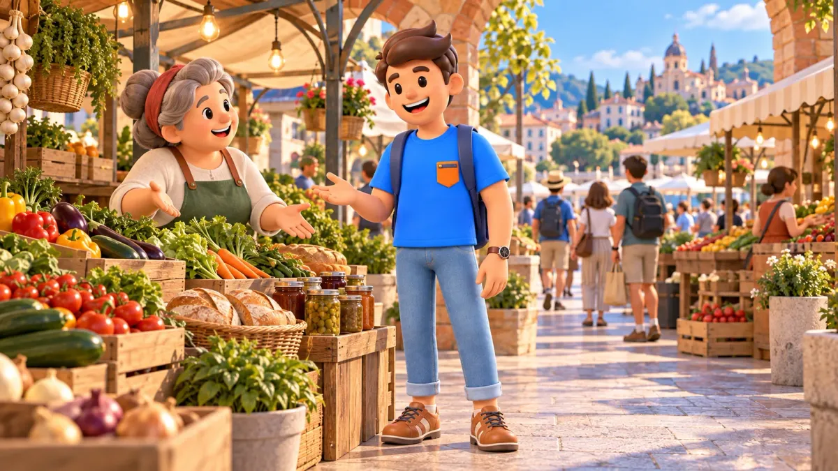 Traveller talks with a produce vendor beside vegetables, bread and jars at a neighbourhood market