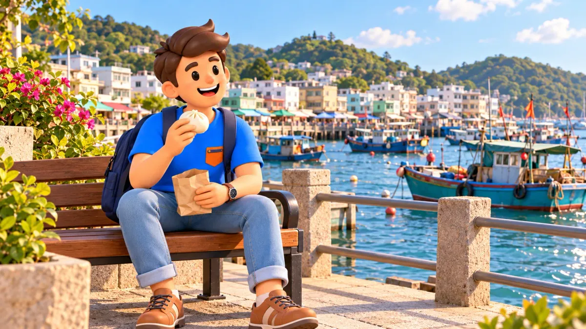 Voyageur avec brioche vapeur et sac en papier près d’un port de pêche