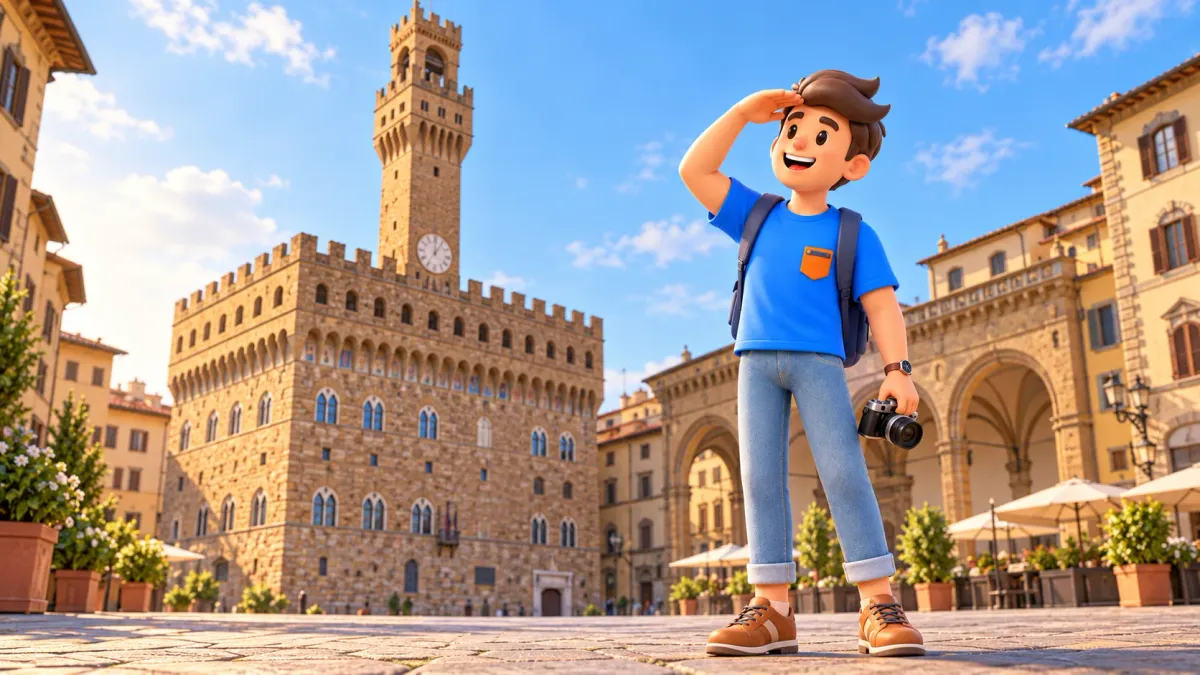 Thematische Illustration: Reisender betrachtet einen Stadtpalastturm