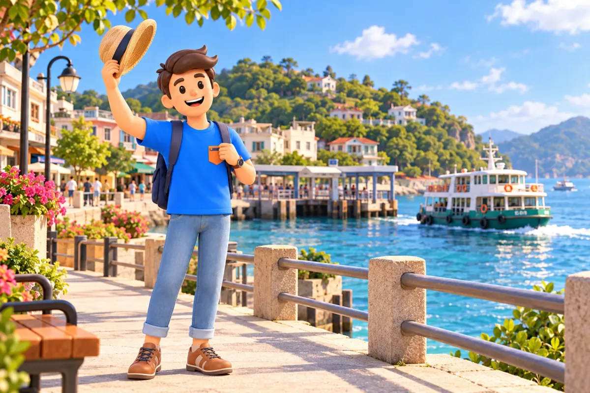 Traveller greeting the island from a waterfront near the ferry pier