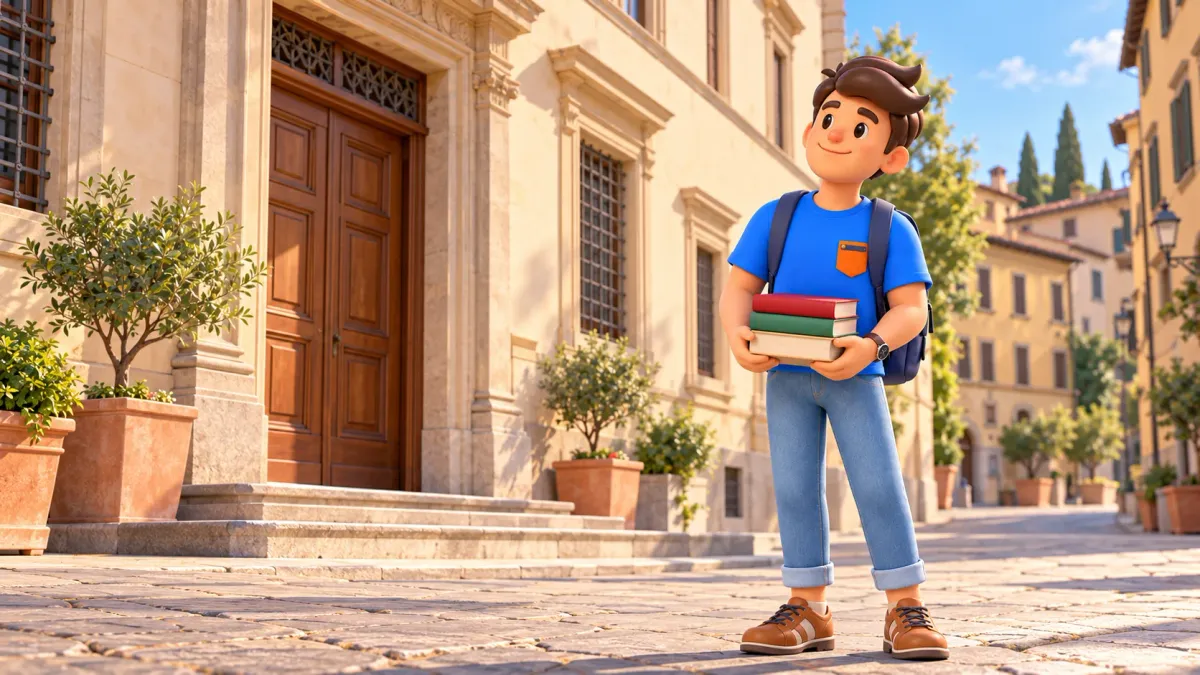Ilustración temática de un viajero con libros ante una entrada de museo histórico
