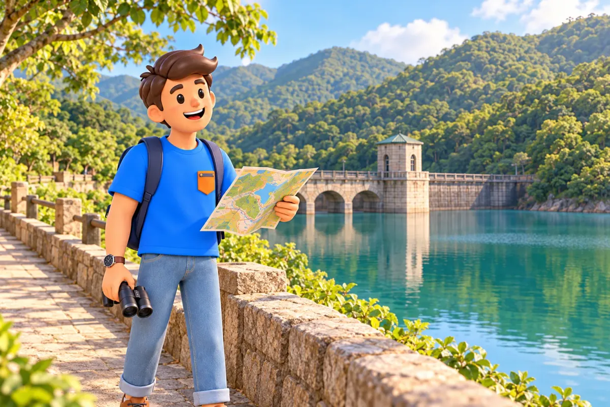 Reisender mit Karte und Fernglas an einem Waldreservoir und Steinbauten
