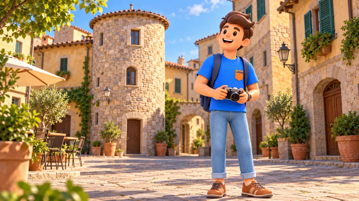 Thematic illustration of a traveler with a camera beside a round stone tower