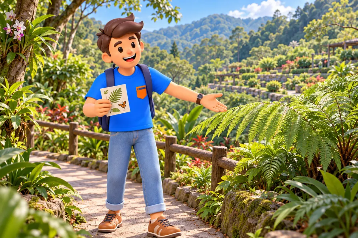 Traveller with a nature observation card admiring ferns in a hillside garden