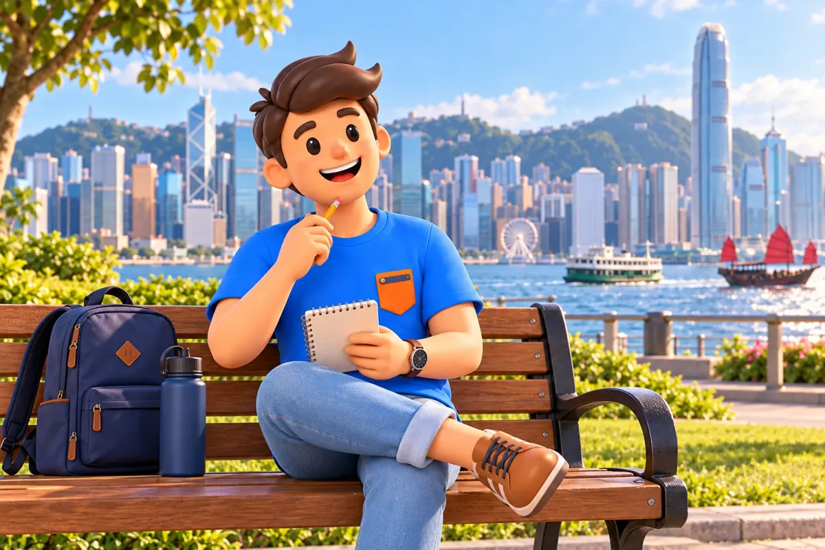 Traveller with a notebook resting on a harbourfront park bench
