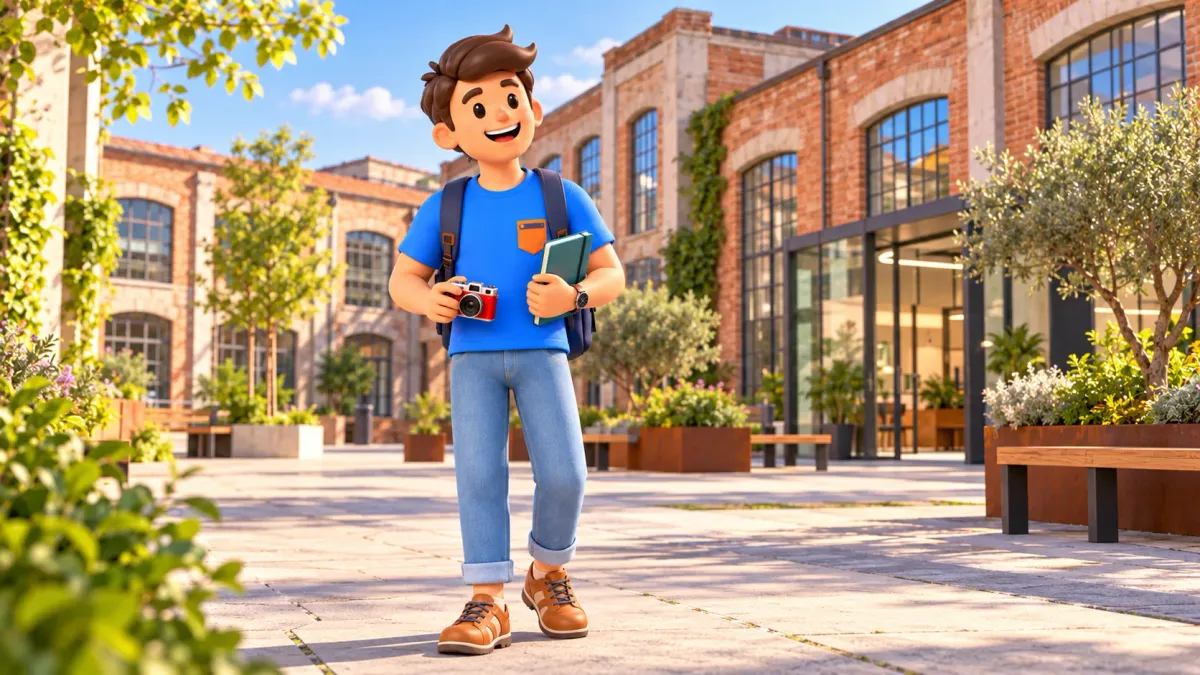 Thematic illustration of a traveler with a camera in an imagined renewed factory courtyard