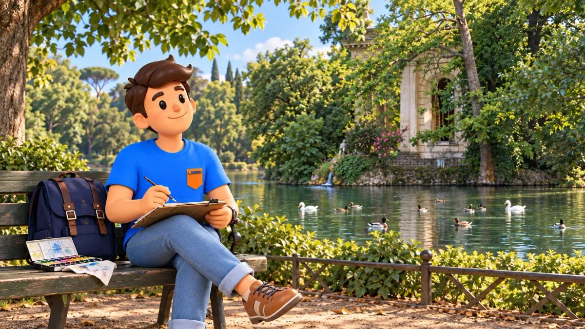 A traveller paints watercolours on a bench beside Villa Borghese’s lake