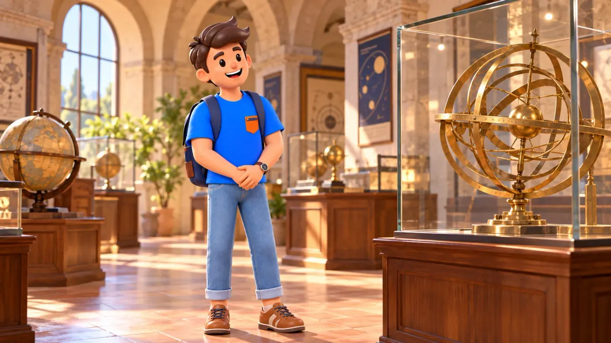 Ilustración temática de un viajero observando un modelo astronómico de latón imaginado