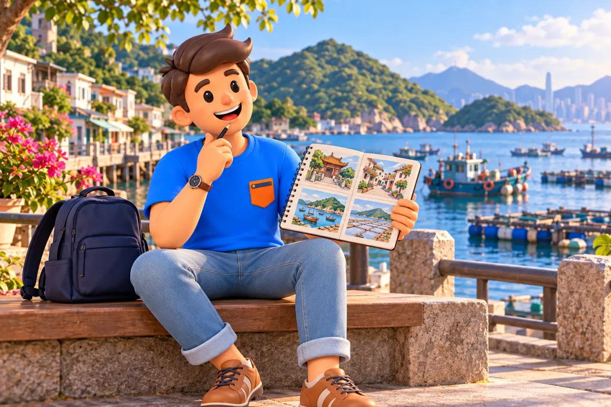 Traveller with an island sketchbook resting beside a fishing bay