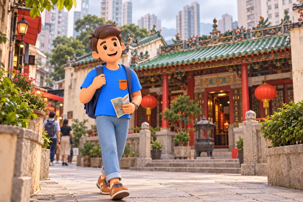 Traveller with a leaflet outside a compact traditional temple among urban buildings