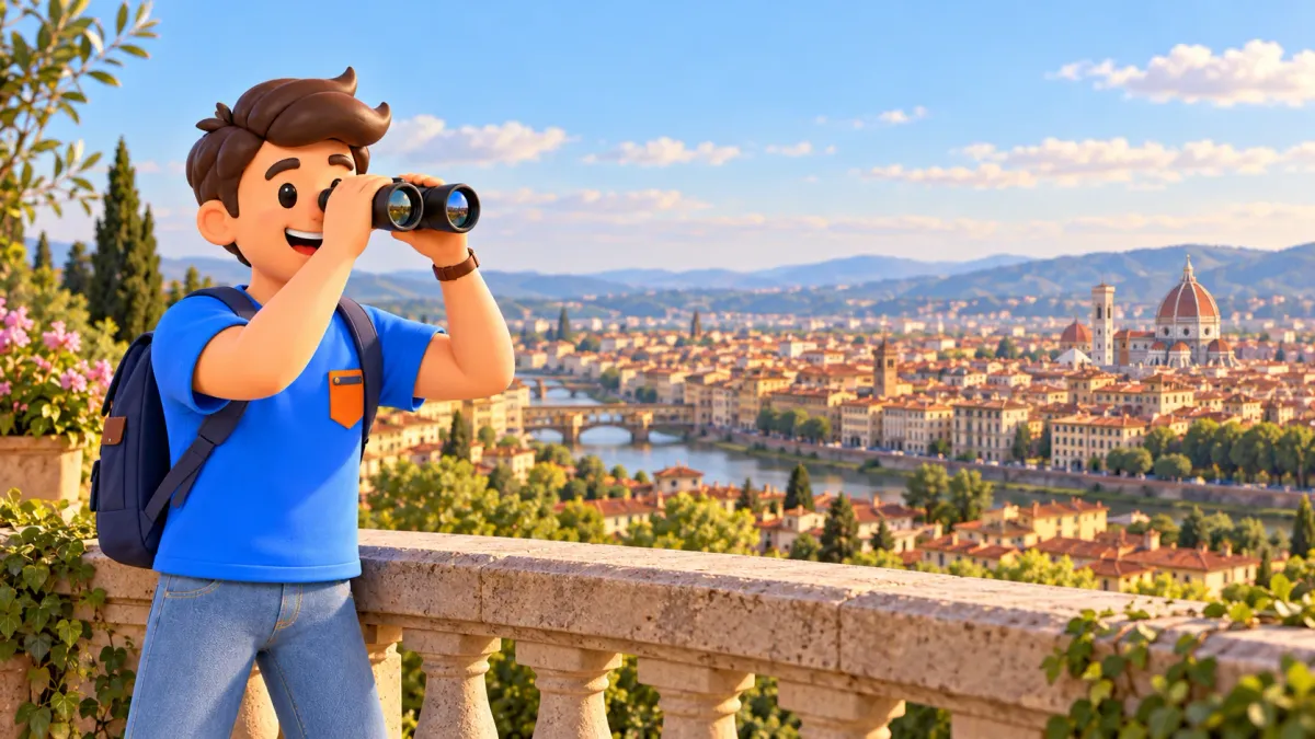 Thematic Florence panorama with traveler and binoculars