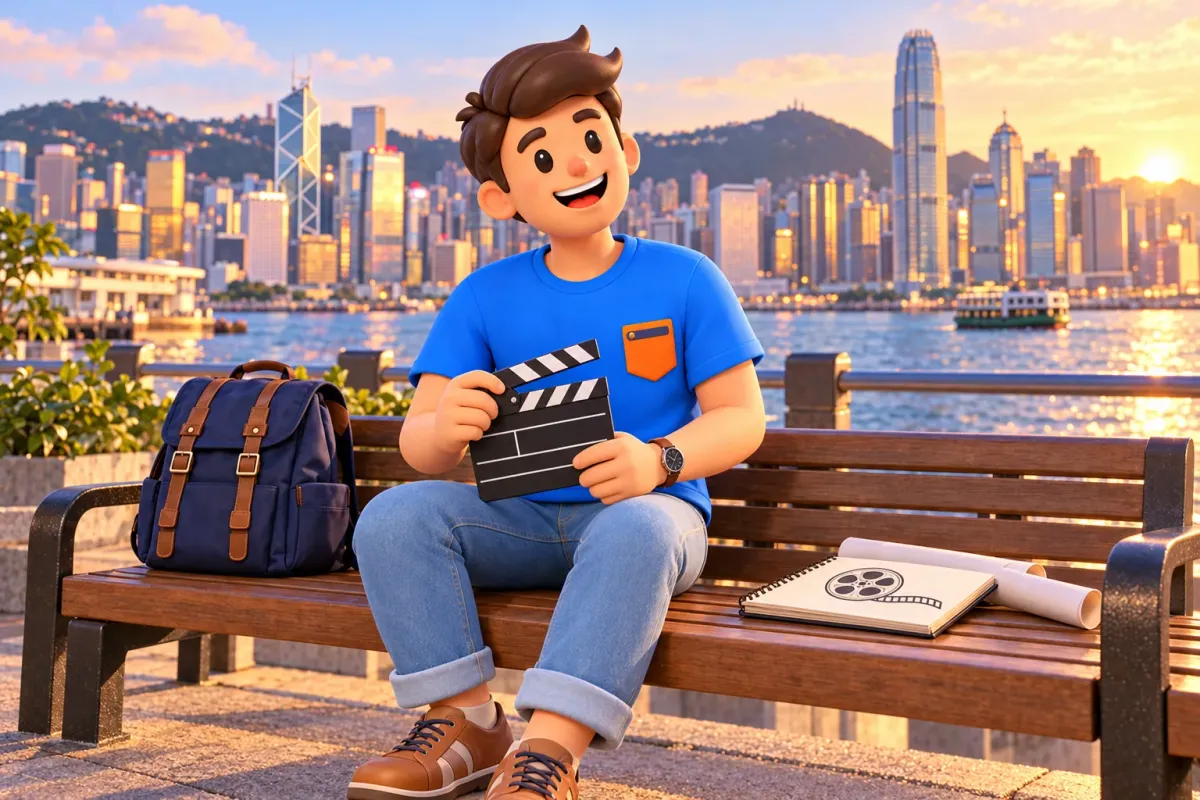 Un voyageur avec un clap sur le front de mer de Hong Kong