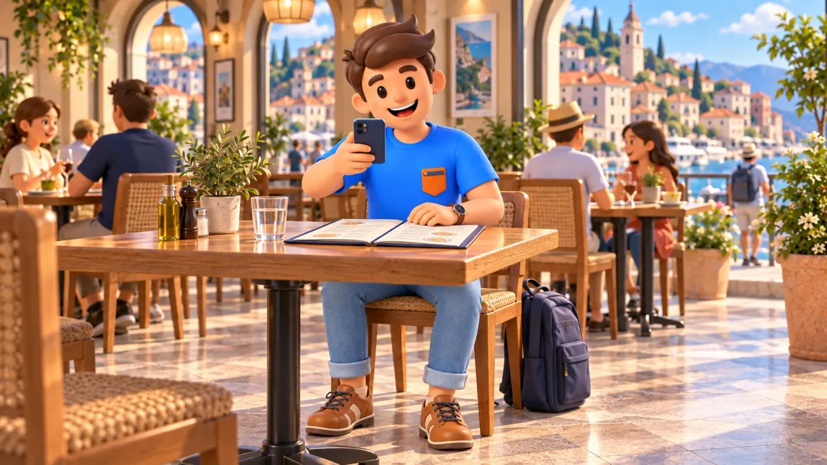 Traveller consults a phone beside an open printed menu before ordering