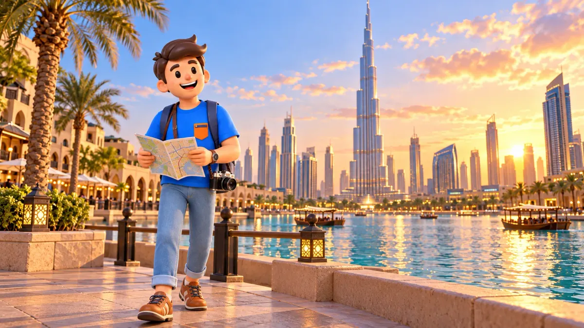 Reisender mit einer Karte am See in Downtown Dubai vor dem Burj Khalifa