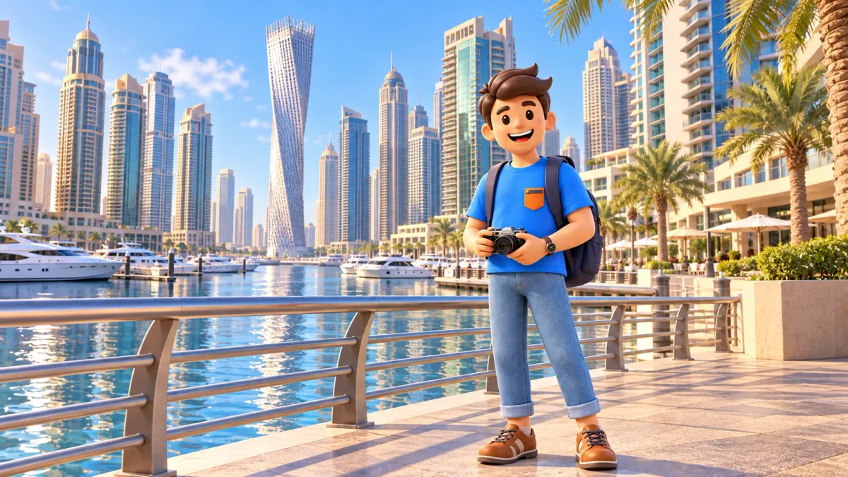 Путешественник с камерой на набережной Dubai Marina среди жилых башен