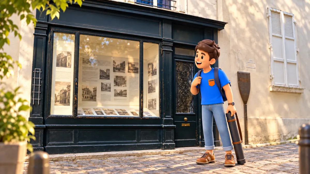 RoadMe-Reisender mit Zeichenrolle vor dem Schaufenster des Bateau-Lavoir