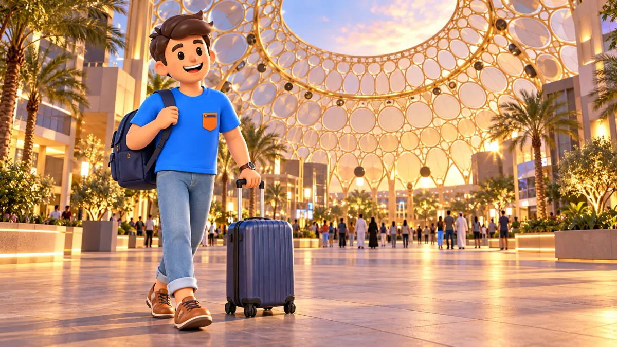 Traveler with a small suitcase beneath the lattice dome of Al Wasl Plaza