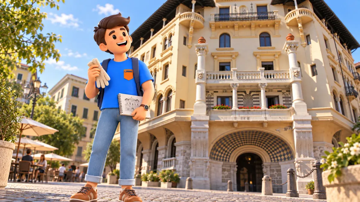 A traveller with a notebook before an ornate façade on Piazza Mincio