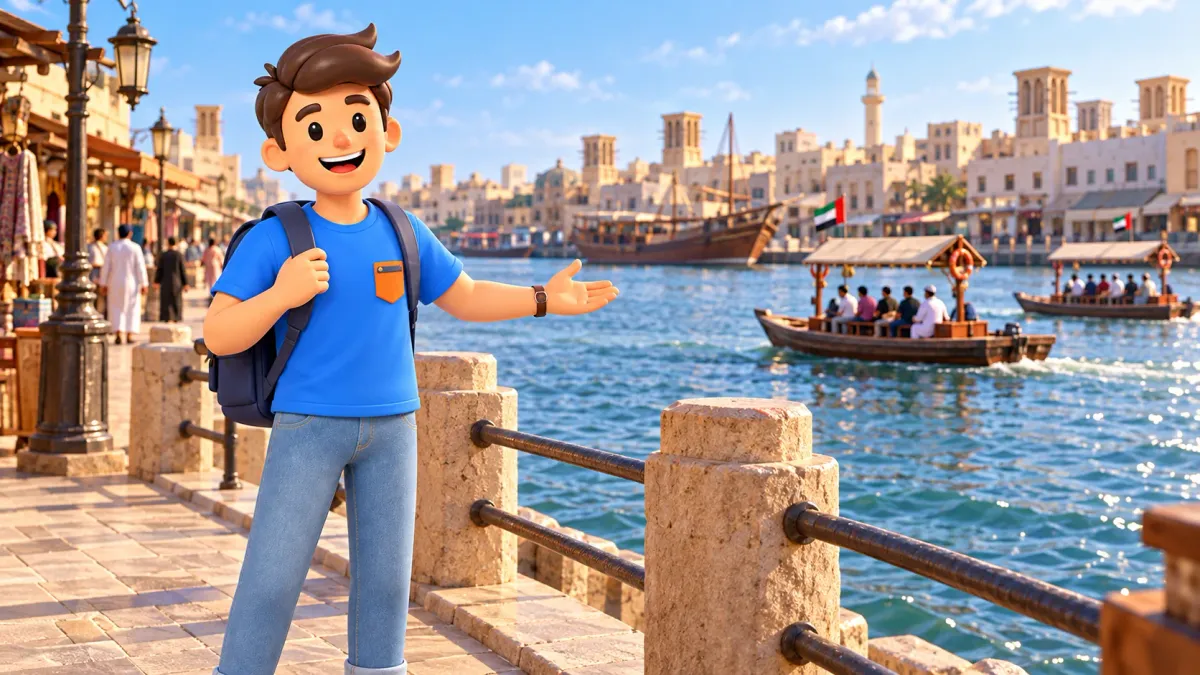 Viajero en un paseo público de Dubai Creek con barcos y la otra orilla