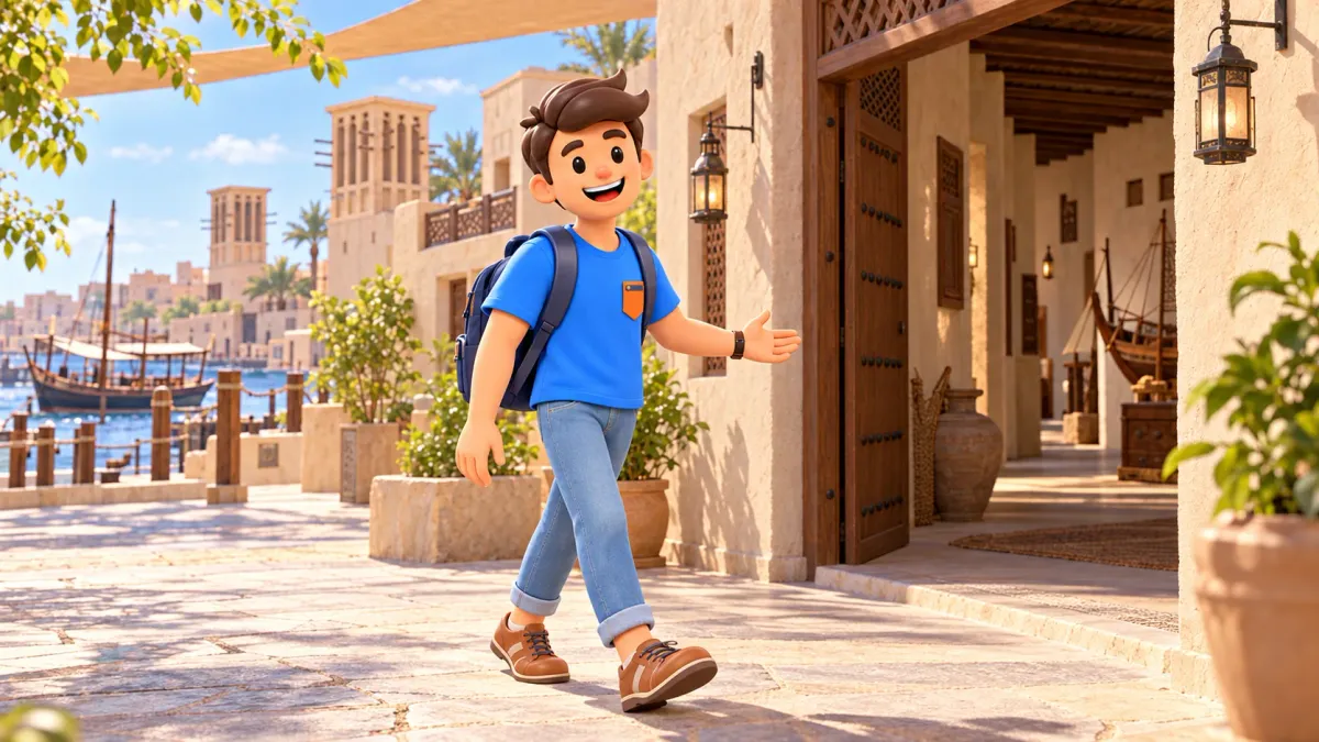Viajero entre casas históricas del barrio de museos de Al Shindagha