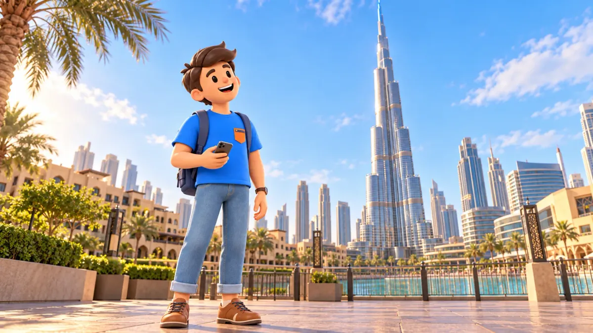 Traveler looking up at Burj Khalifa on a Downtown walk