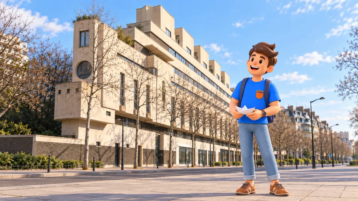 El viajero de RoadMe con un barco de papel junto al edificio Paquebot