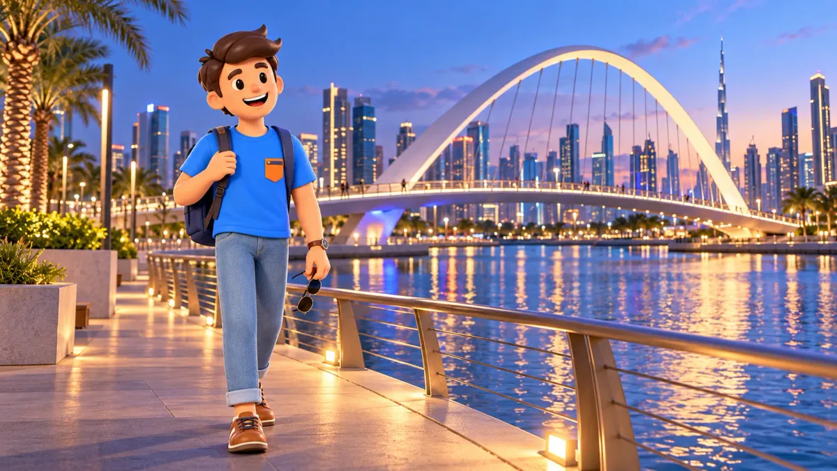 Traveler beside Tolerance Bridge over Dubai Water Canal at blue hour