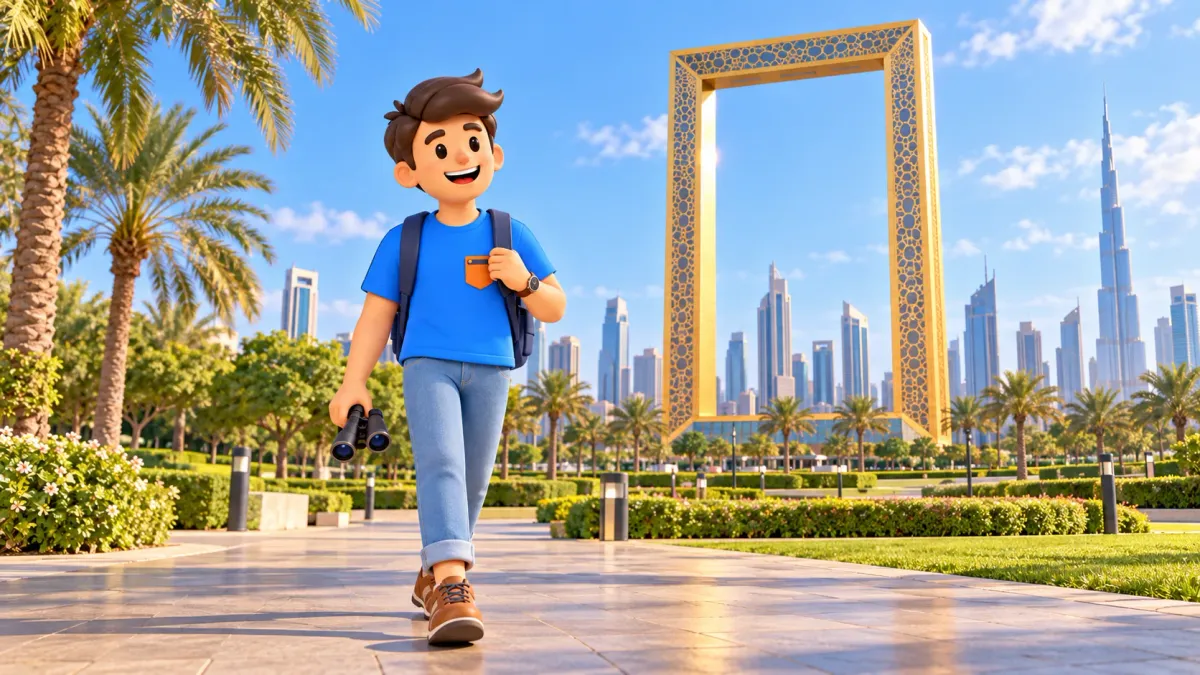 Viajero ante el Dubai Frame dorado entre la vegetación de Zabeel Park