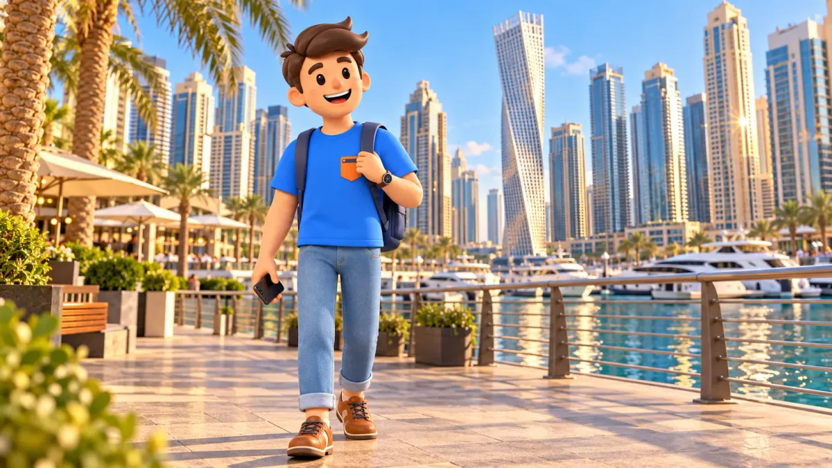 Путешественник у воды Dubai Marina на фоне спиральной башни Кайан