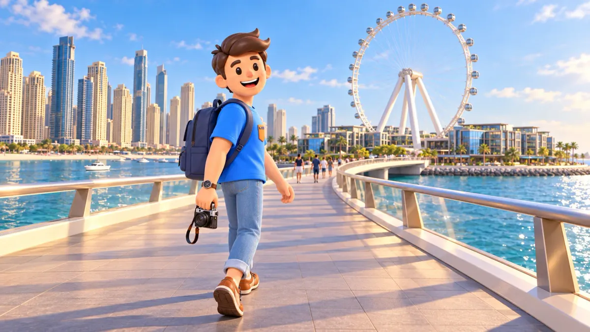 Traveler walking over the pedestrian bridge towards Bluewaters