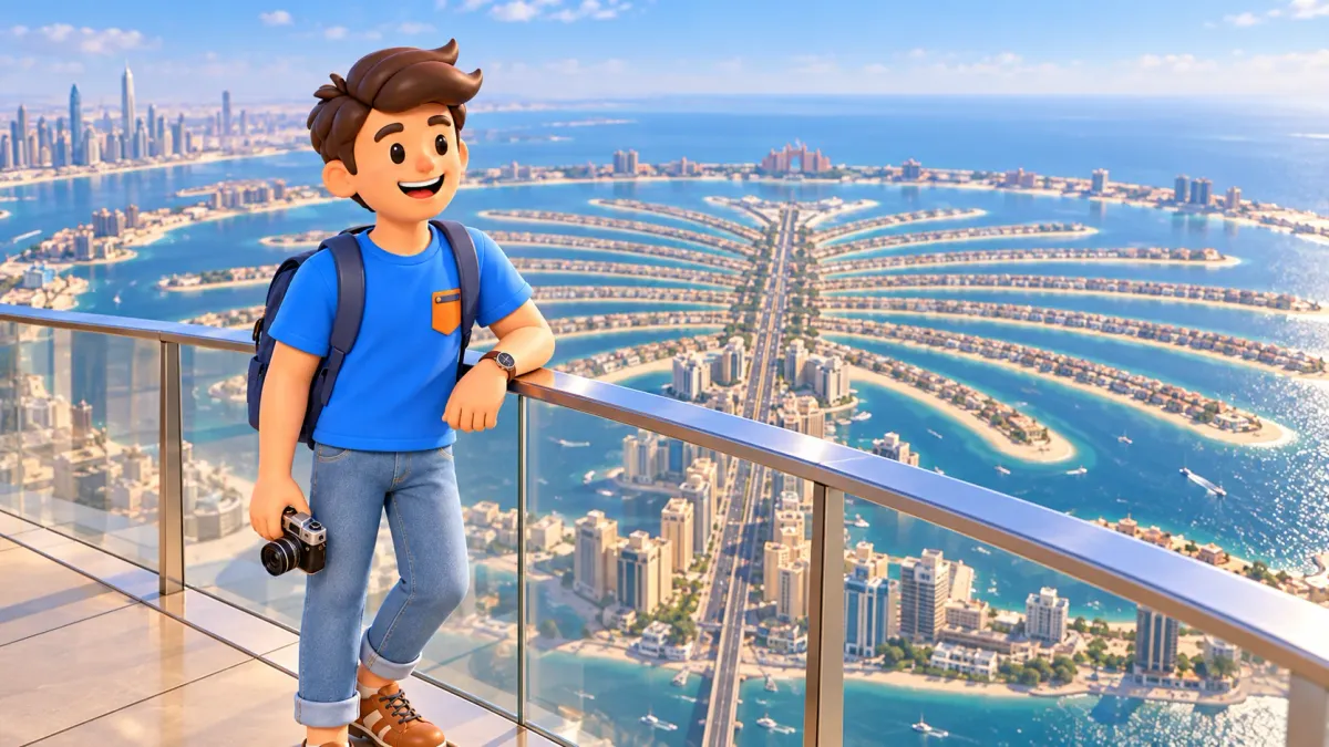Viajero contemplando Palm Jumeirah desde un mirador