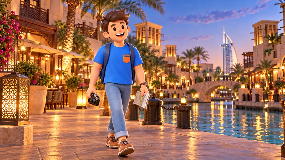Voyageur près des canaux et tours à vent de Madinat Jumeirah au crépuscule