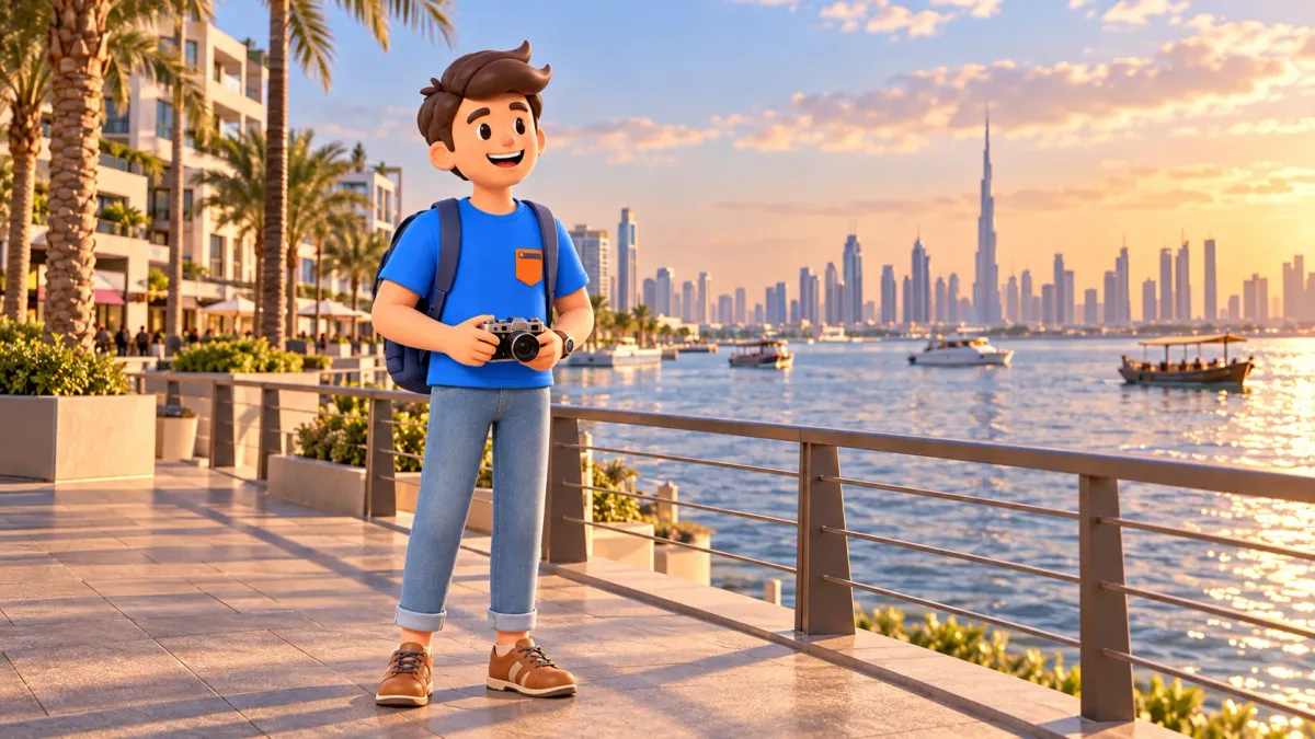 Voyageur sur la promenade de Dubai Creek Harbour avant le coucher du soleil