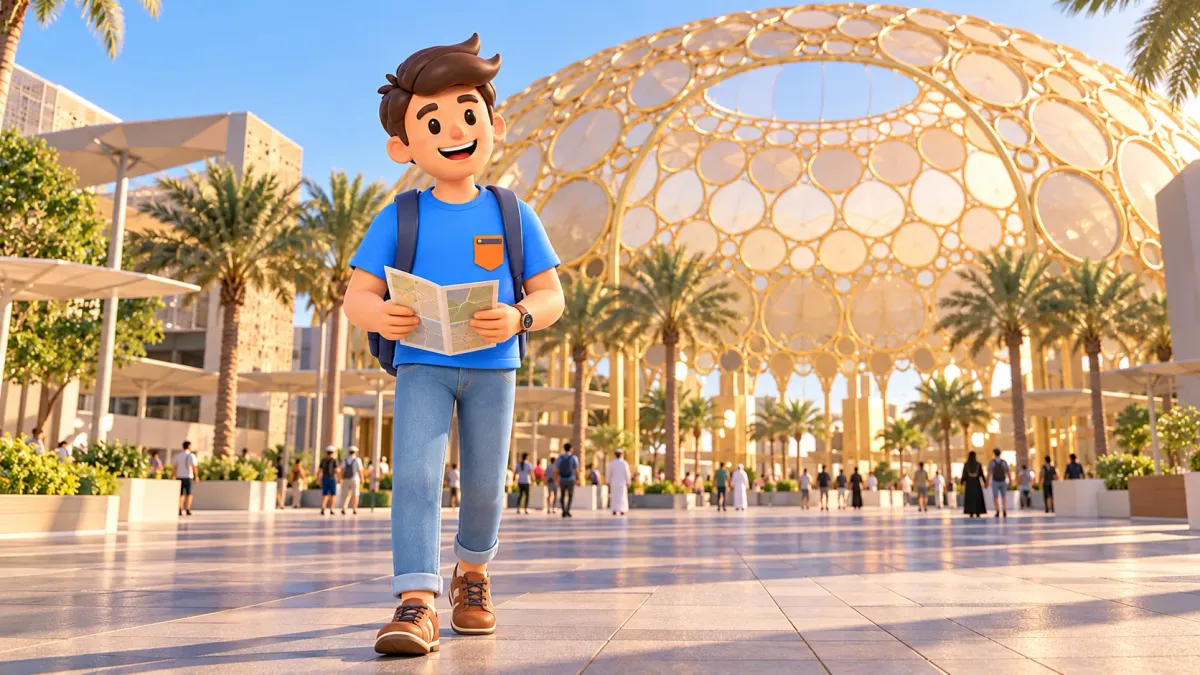 Traveler beside Al Wasl Plaza’s lattice dome in Expo City