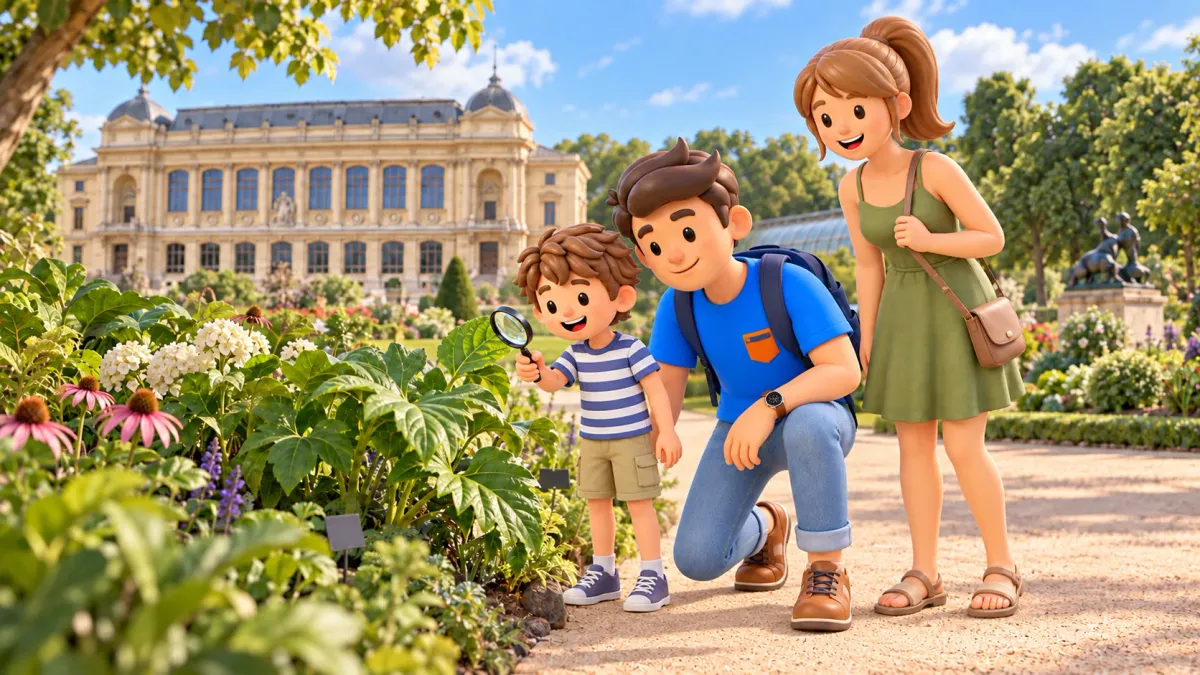 La familia de RoadMe con un niño observa una hoja con lupa en el Jardin des Plantes