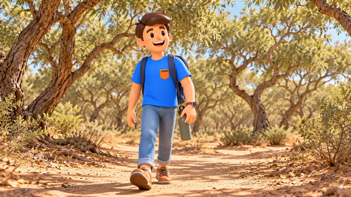 Traveler walking along a path among Mushrif’s ghaf trees