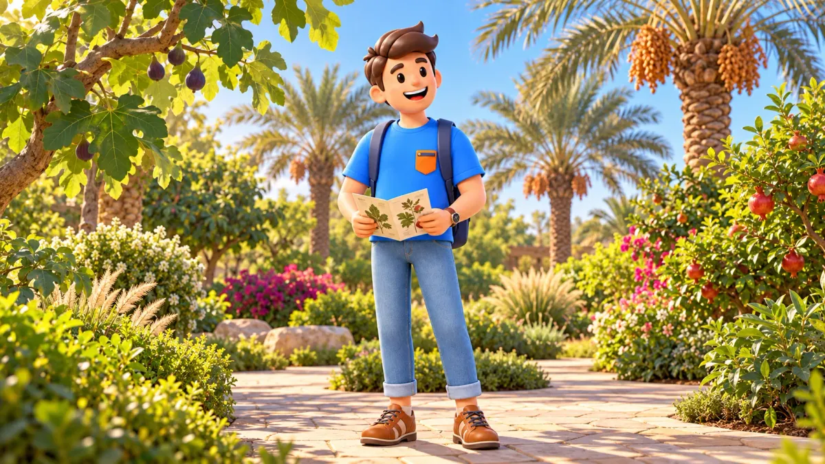 Traveler on a garden path among palms and fruit trees