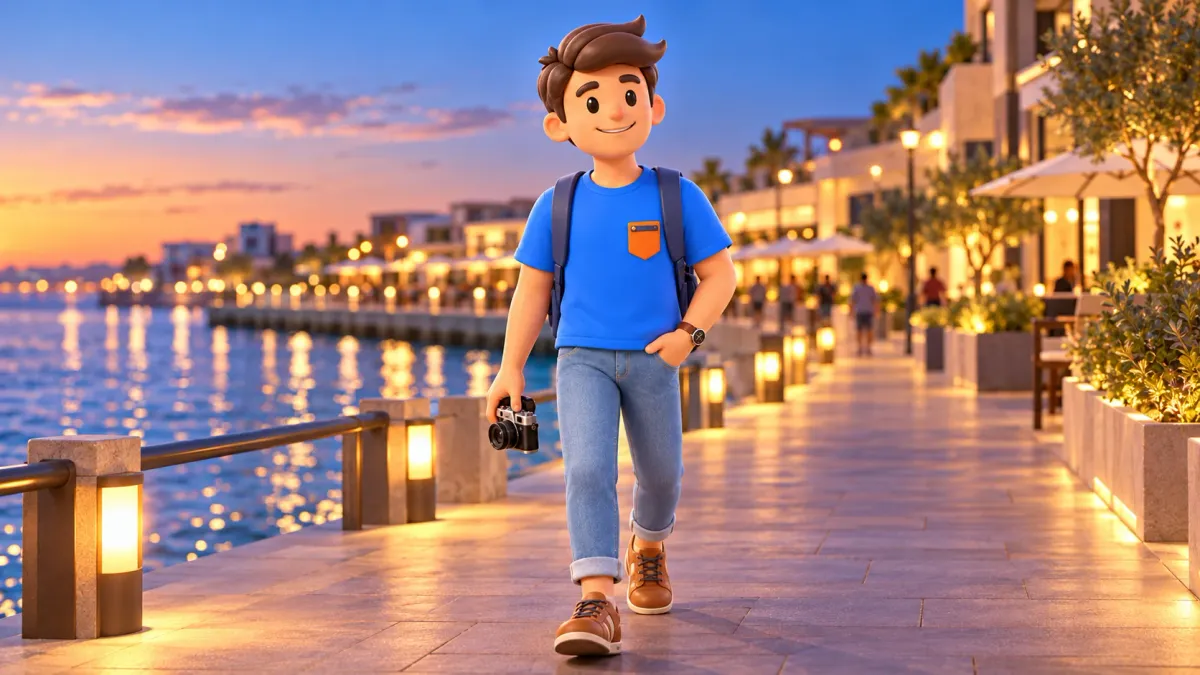 Traveler on the Festival Bay waterfront at blue hour