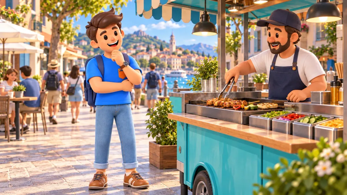 Ein Reisender beobachtet die Essenszubereitung eines Anbieters an einem Streetfood-Kiosk.