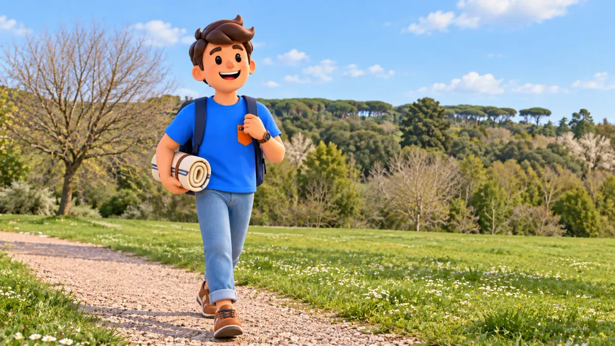 A traveller carries a picnic blanket along a meadow path in Villa Doria Pamphilj