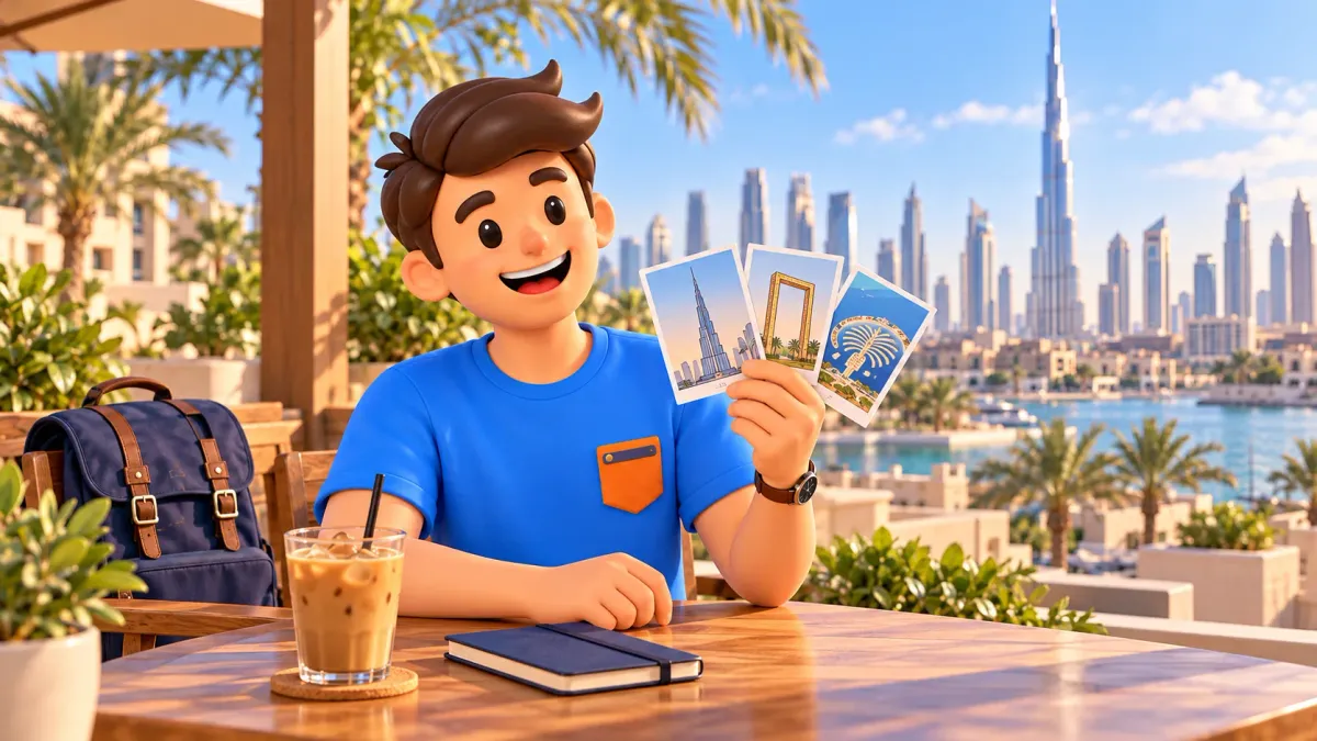 Traveler choosing between sketches of a tower, frame and island
