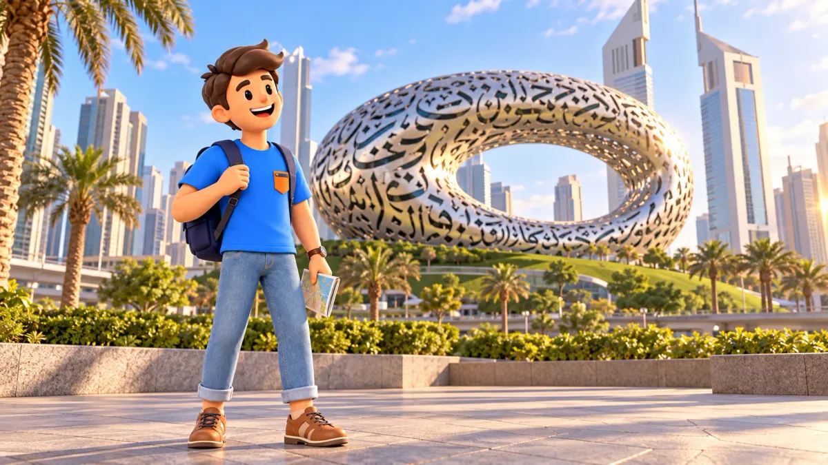 Traveler observing the Museum of the Future’s ring-shaped building from outside