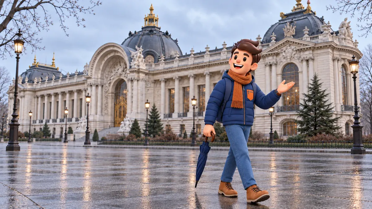 RoadMe traveler in a winter jacket and scarf outside Petit Palais on an overcast day