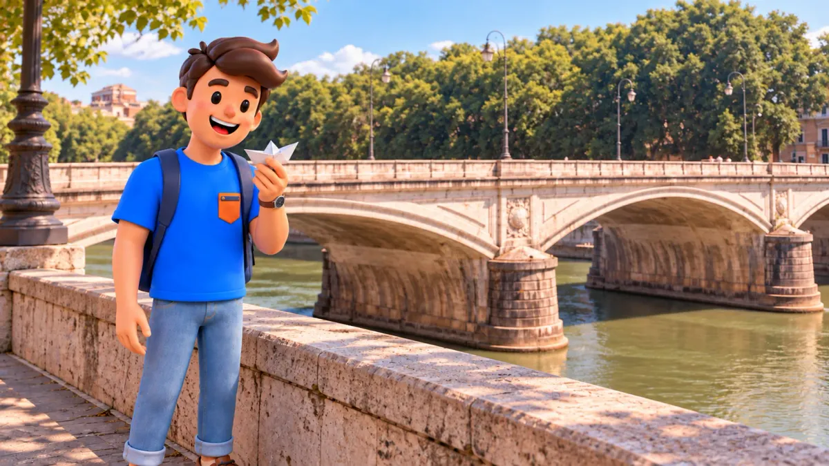 Un viajero sostiene un barco de papel en la ribera superior junto a Ponte Umberto I