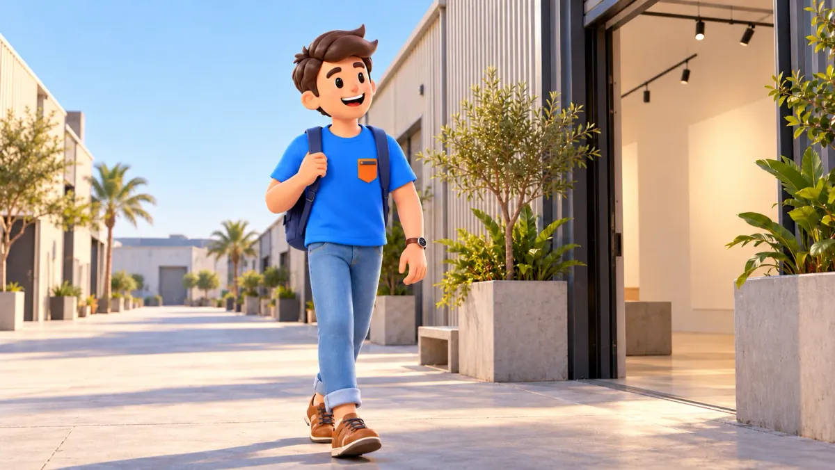 Traveler walking between low industrial buildings with cultural spaces